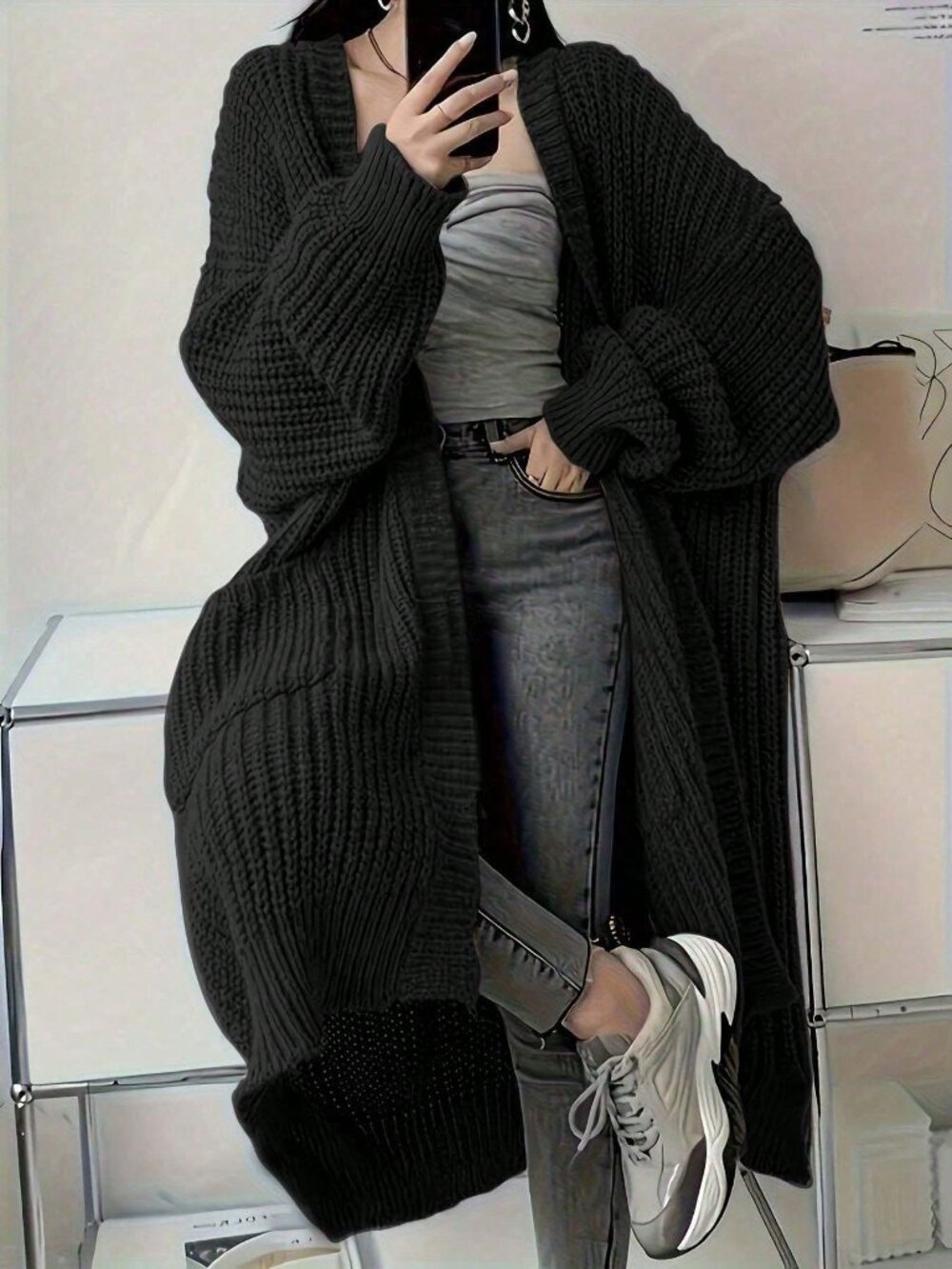 Black Casual Women's Elegant Commute Knit Long Cardigan Sweater - Picture 3 of 4